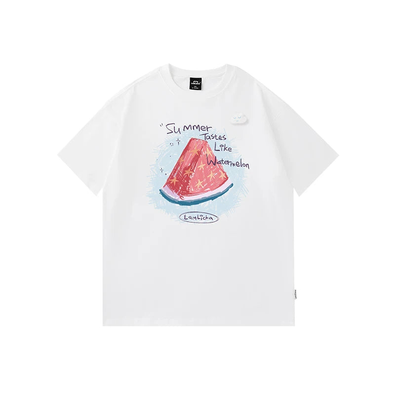 LAMLICKA Fun watermelon print short - sleeved t - shirt - LAMLICKA - White (free cloud brooch) - 2XL fits 175 - 100kg - 5782938416421