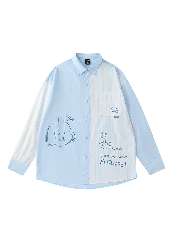 LAMLICKA Puppy Print Color-Block Stripe Shirt – Oversized Long Sleeve Top