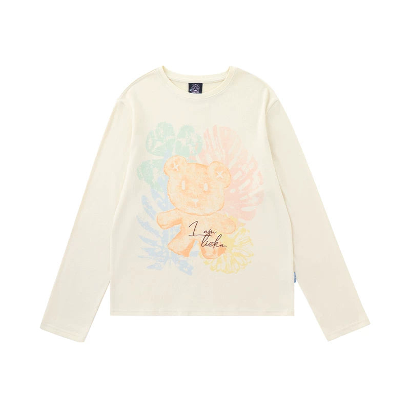 Lamlicka Bear Print Cotton Linen Sheer Overlay Long Sleeve Top - Tops - LAMLICKA - Beige - L