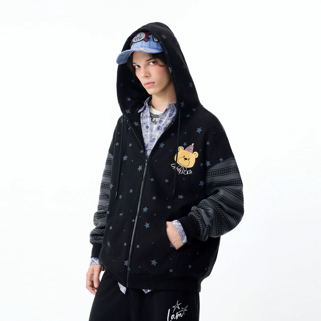 Lamlicka All - Over Star Print Bear Zip - Up Hoodie Unisex Oversized - Hoodies & Sweatshirts - LAMLICKA - Black - XL