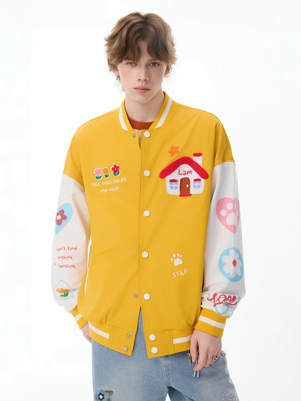 Lamlicka color block embroidered american baseball jacket - men's spring/autumn casual streetwear oversized stand collar flight jacket - LAMLICKA