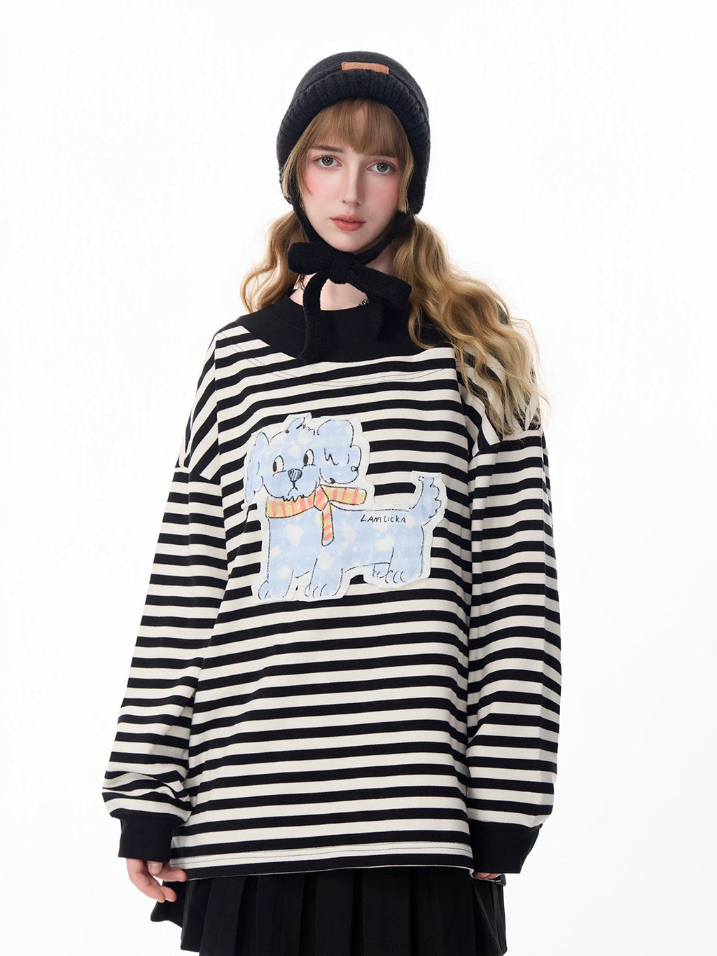 Lamlicka puppy black and white striped pullover crewneck sweatshirt - men's spring/autumn design, color block, loose fit, long sleeve top - LAMLICKA