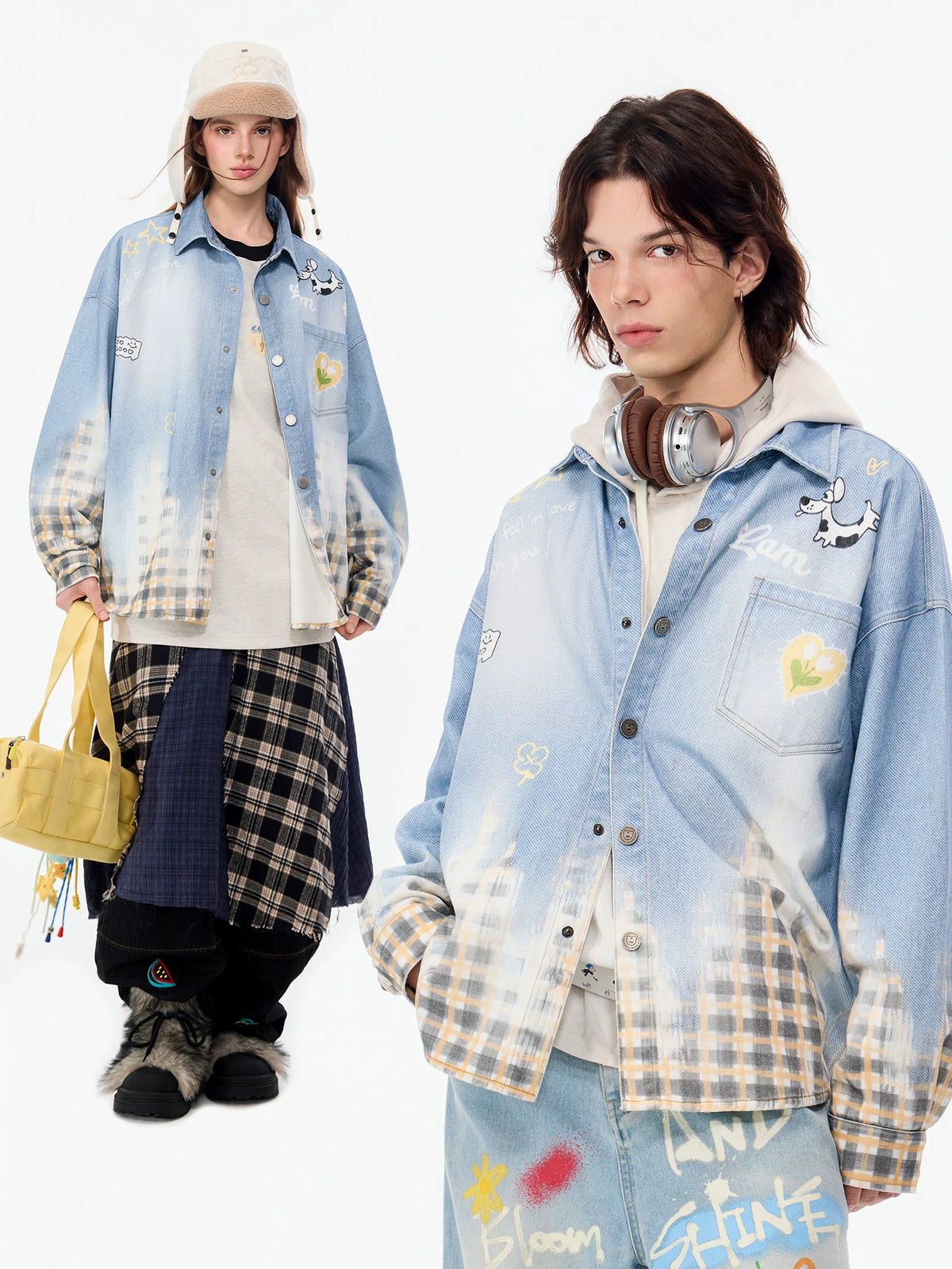 LAMLICKA Men's Blue Plaid Patchwork Shirt, Denim Look Long Sleeve Casual Overshirt - LAMLICKA