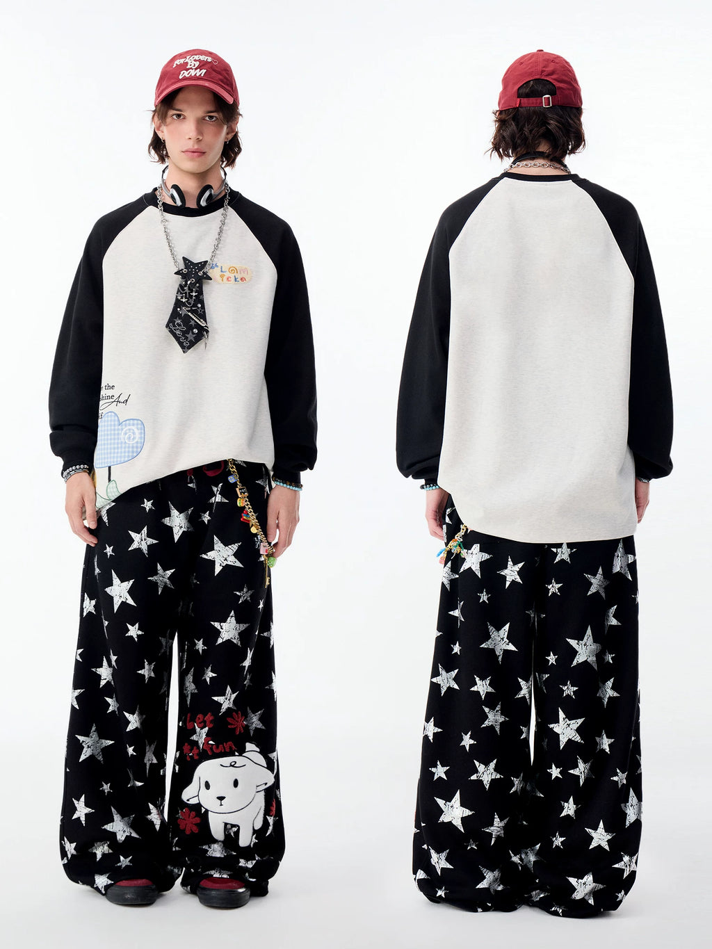 Lamlicka All - Over Star Print Wide - Leg Casual Pants with Dog Graphic - Pants - LAMLICKA