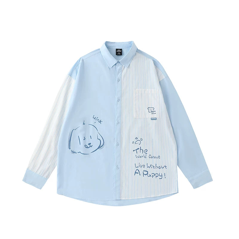 LAMLICKA Puppy Print Color-Block Stripe Shirt – Oversized Long Sleeve Top