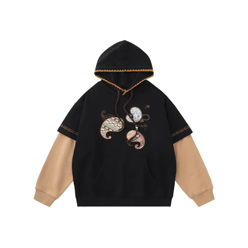 Lamlicka Vintage Ethnic Totem Faux Two - Piece Pullover Hoodie Oversized - Hoodies & Sweatshirts - LAMLICKA - Black - 2XL