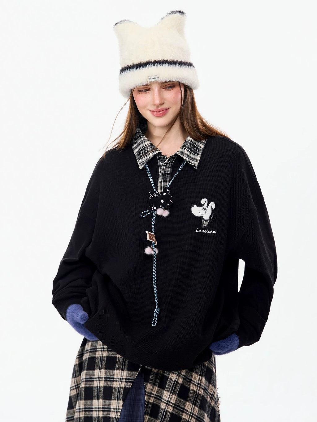 LAMLICKA Embroidered Plaid Polo Sweatshirt – Oversized Streetwear Pullover - Sweatshirt - LAMLICKA