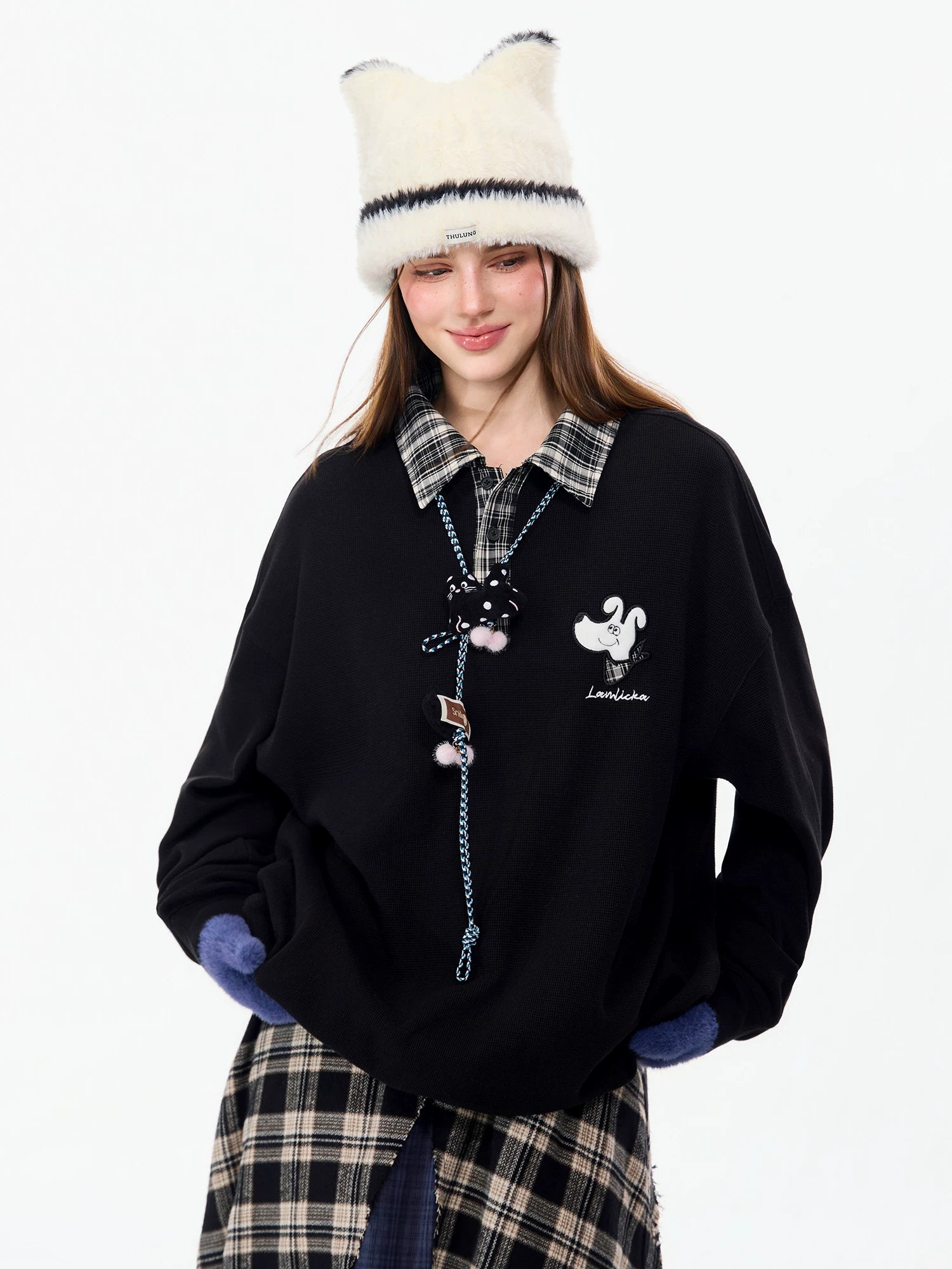 LAMLICKA Embroidered Plaid Polo Sweatshirt – Oversized Streetwear Pullover - Sweatshirt - LAMLICKA