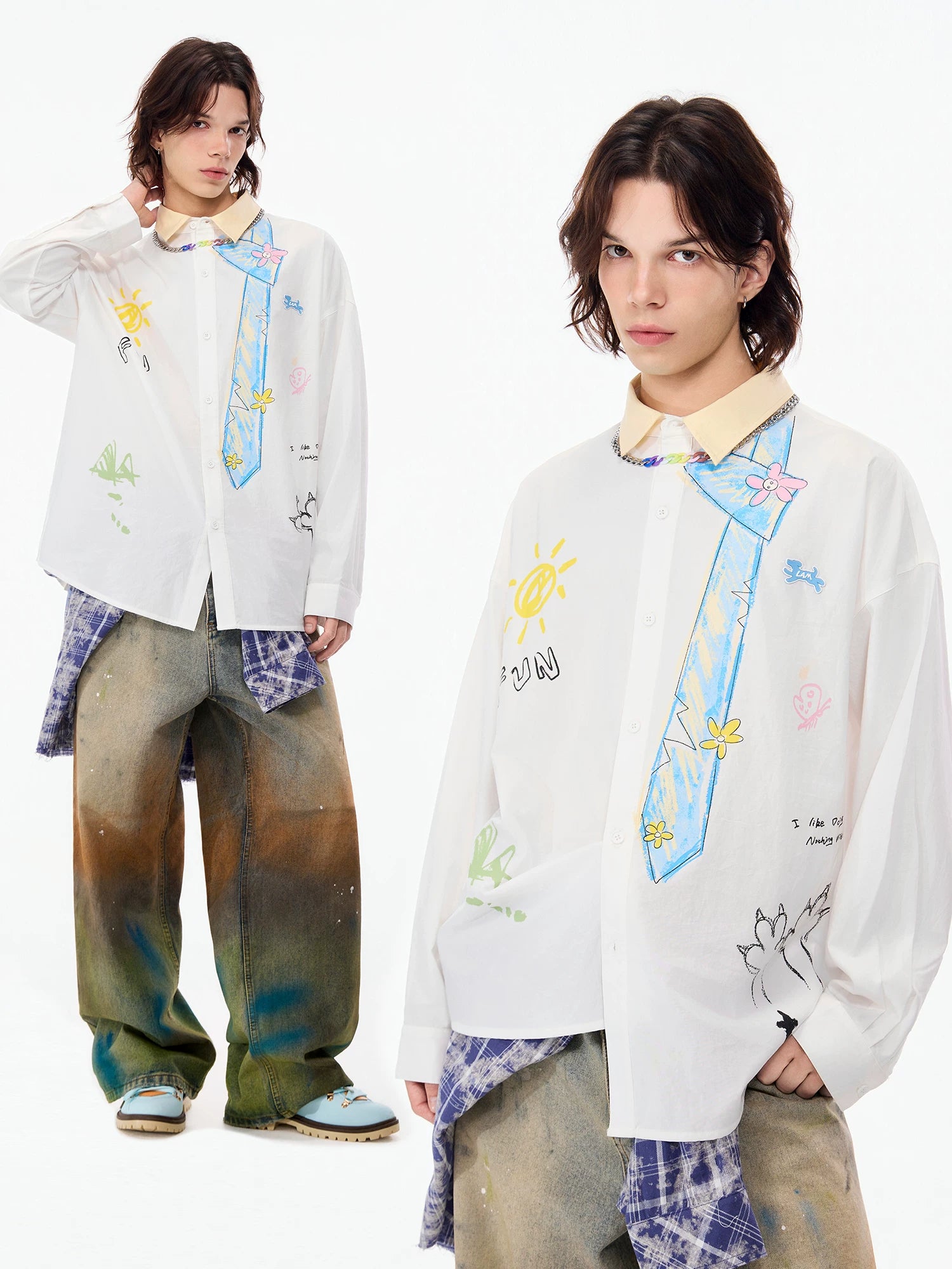LAMLICKA Tie Print White Long Sleeve Shirt Unisex Relaxed Fit Streetwear Button - Up Overshirt - LAMLICKA