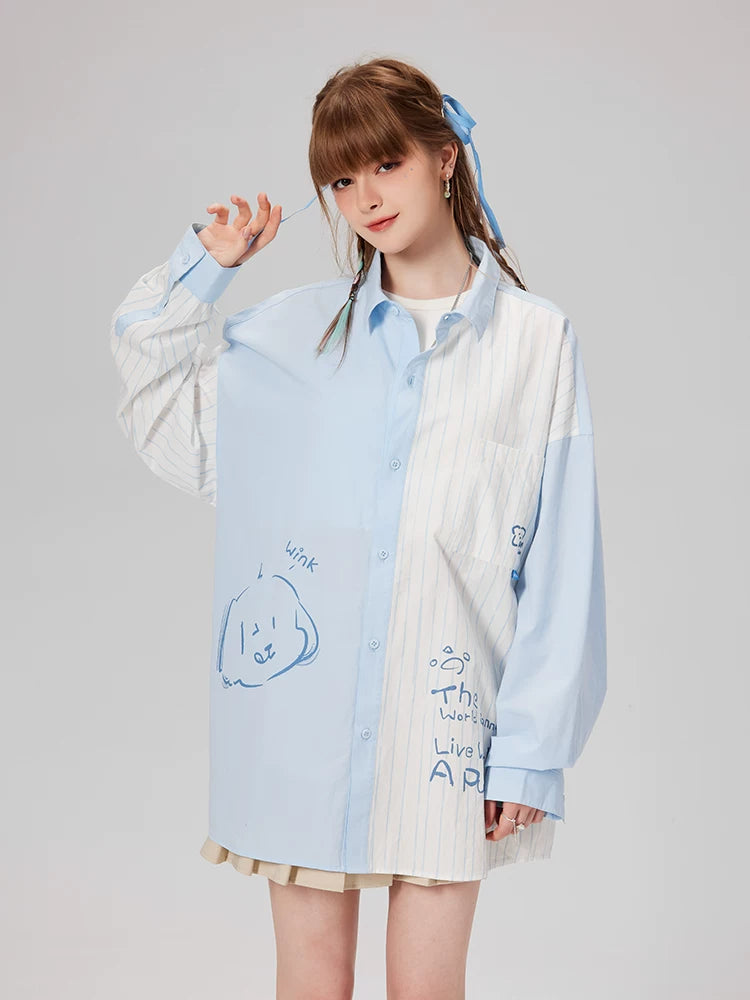 LAMLICKA Puppy Print Color-Block Stripe Shirt – Oversized Long Sleeve Top