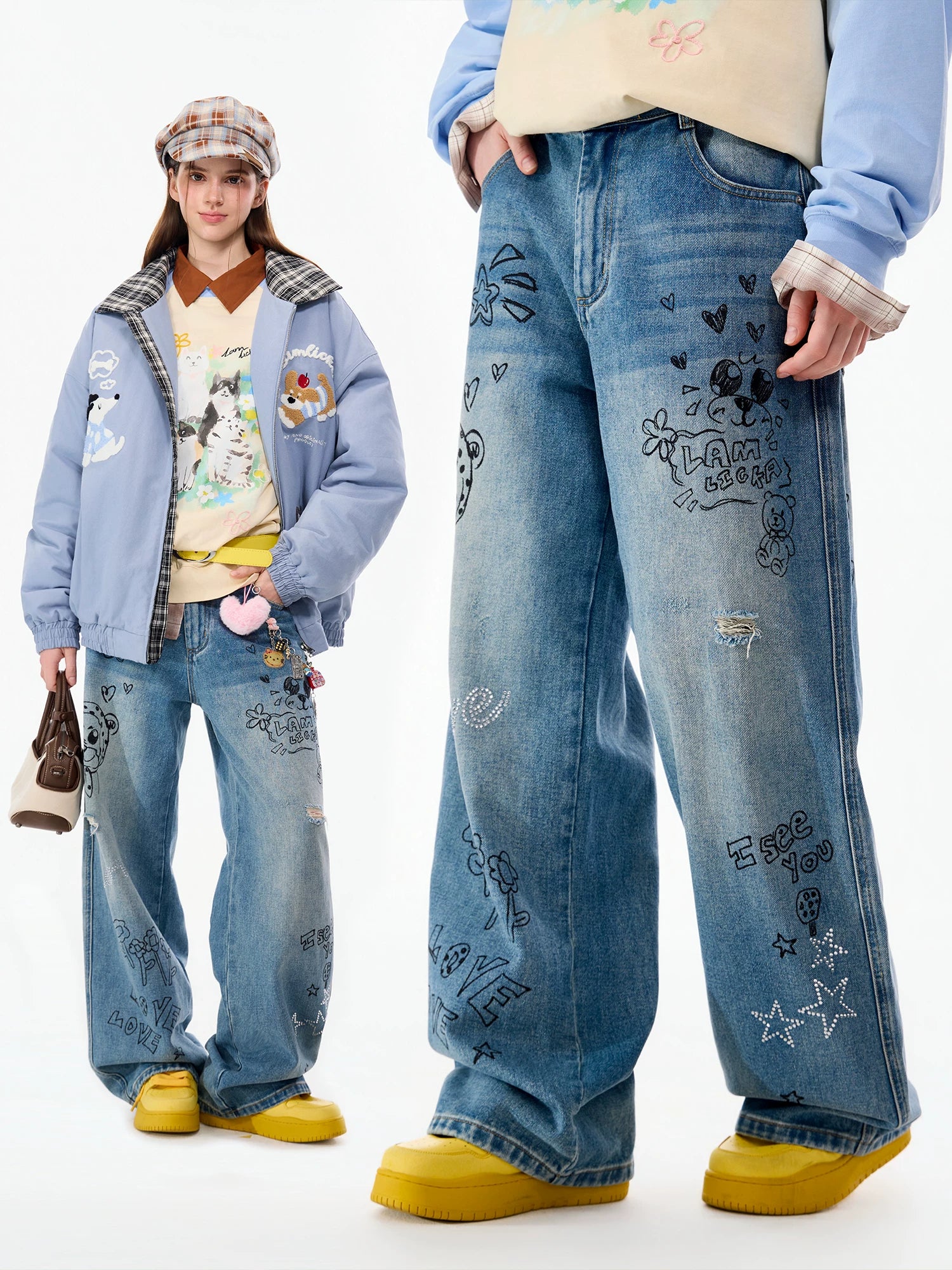 LAMLICKA Graffiti Washed Blue Straight - Leg Jeans Unisex Relaxed Fit Vintage American Style Denim Pants - LAMLICKA