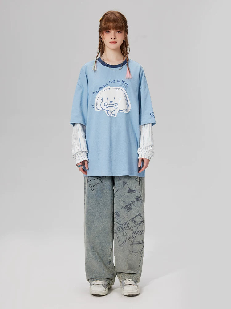LAMLICKA Faux Two-Piece Long Sleeve T-Shirt