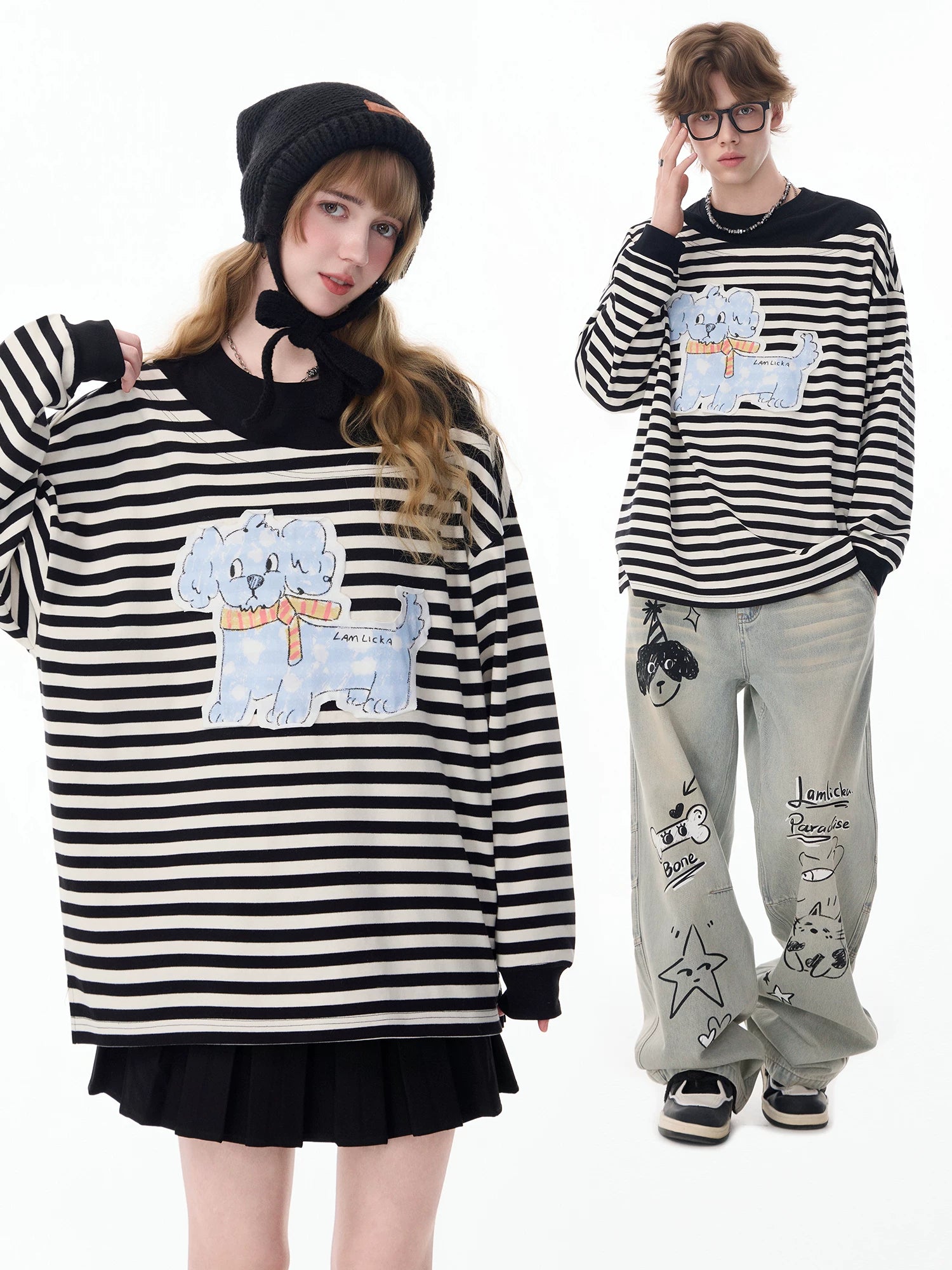 Lamlicka puppy black and white striped pullover crewneck sweatshirt - men's spring/autumn design, color block, loose fit, long sleeve top - LAMLICKA