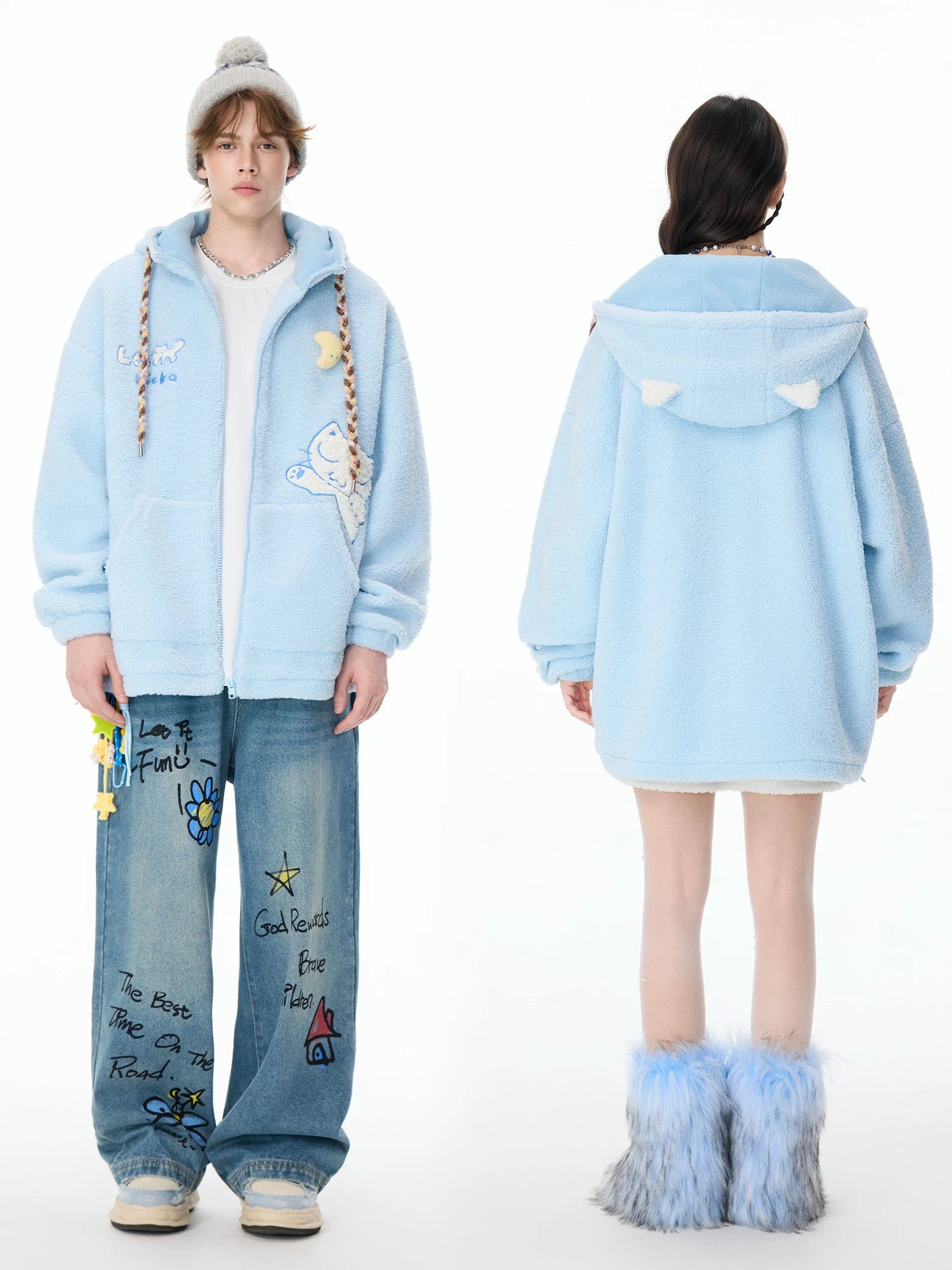 LAMLICKA周深同款蓝色保暖羊羔毛棉服外套男冬季加厚宽松连帽夹克