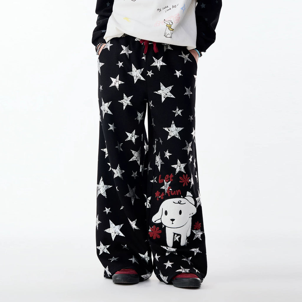Lamlicka All - Over Star Print Wide - Leg Casual Pants with Dog Graphic - Pants - LAMLICKA - Black - XL