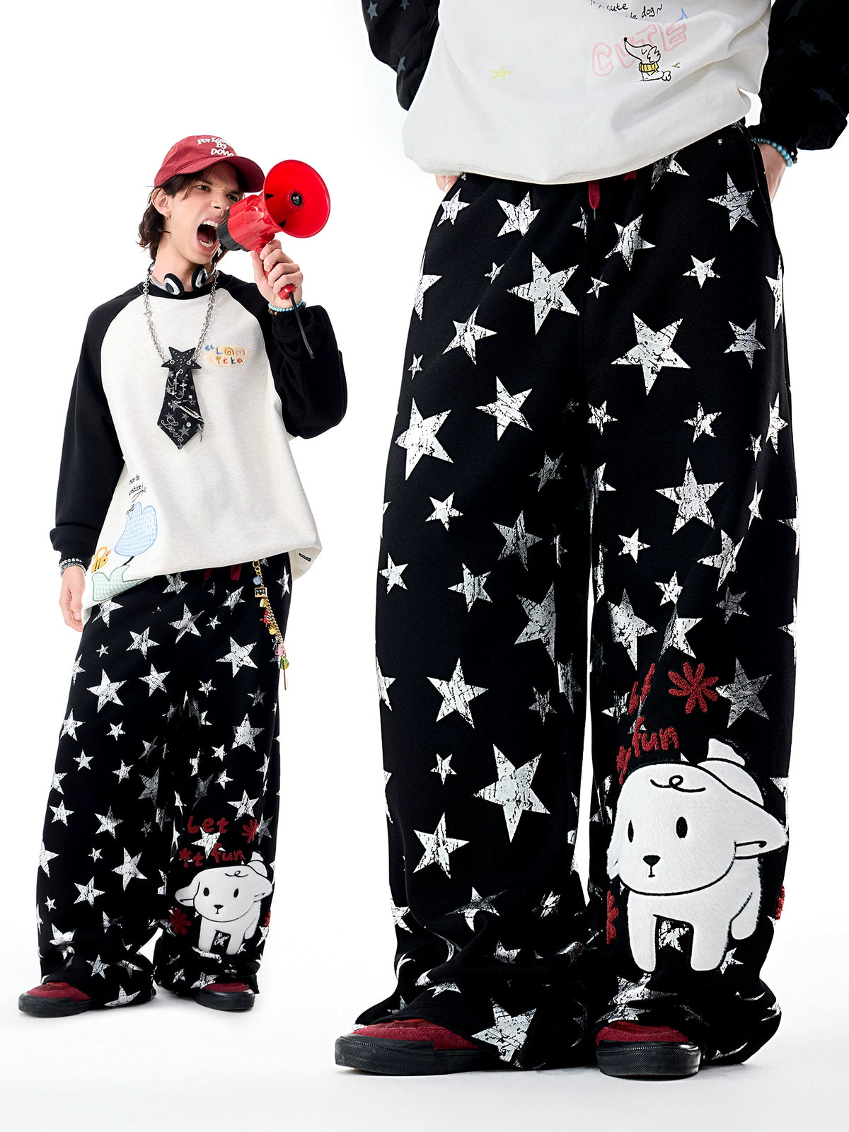 Lamlicka All - Over Star Print Wide - Leg Casual Pants with Dog Graphic - Pants - LAMLICKA