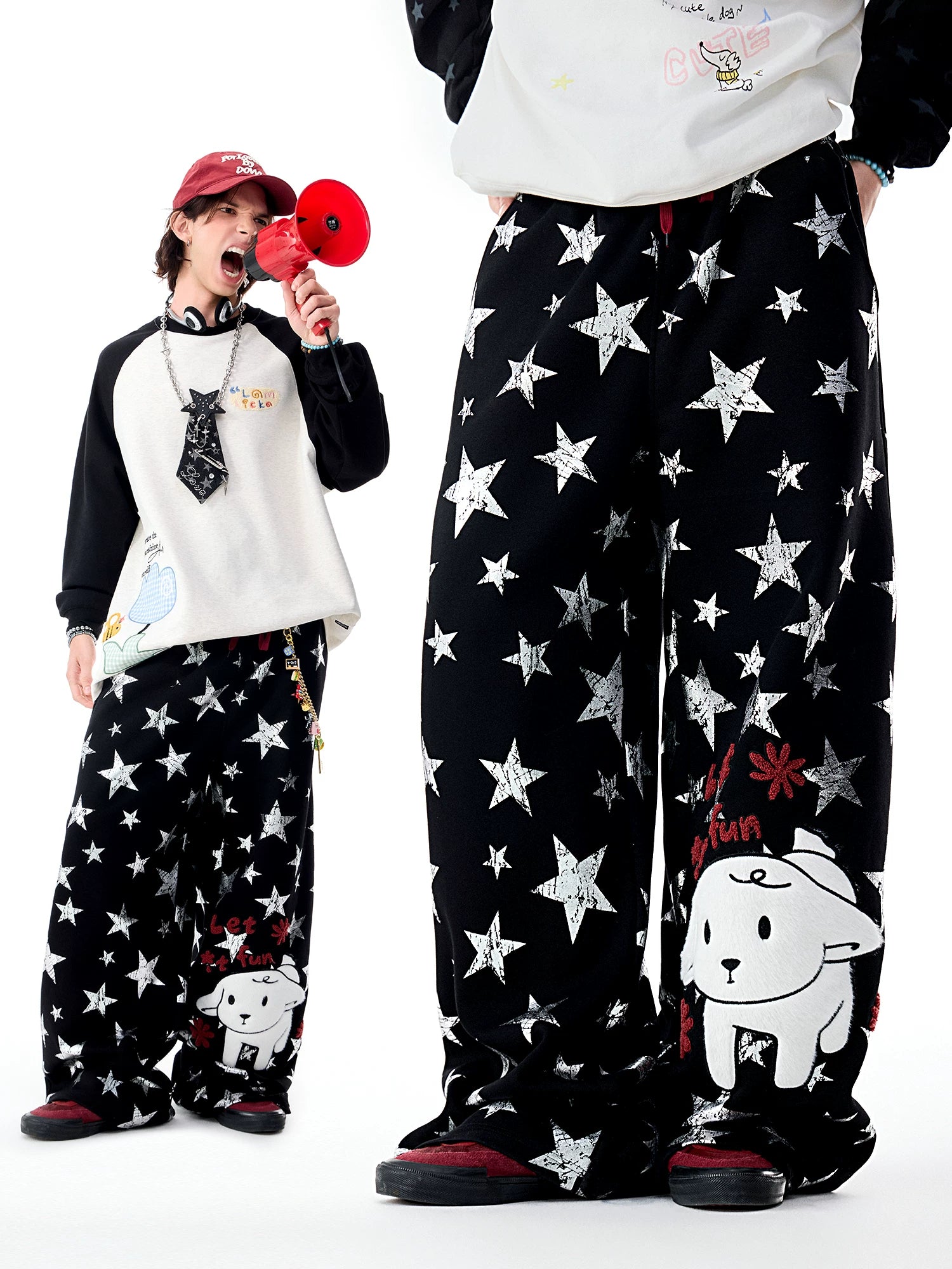Lamlicka All - Over Star Print Wide - Leg Casual Pants with Dog Graphic - Pants - LAMLICKA