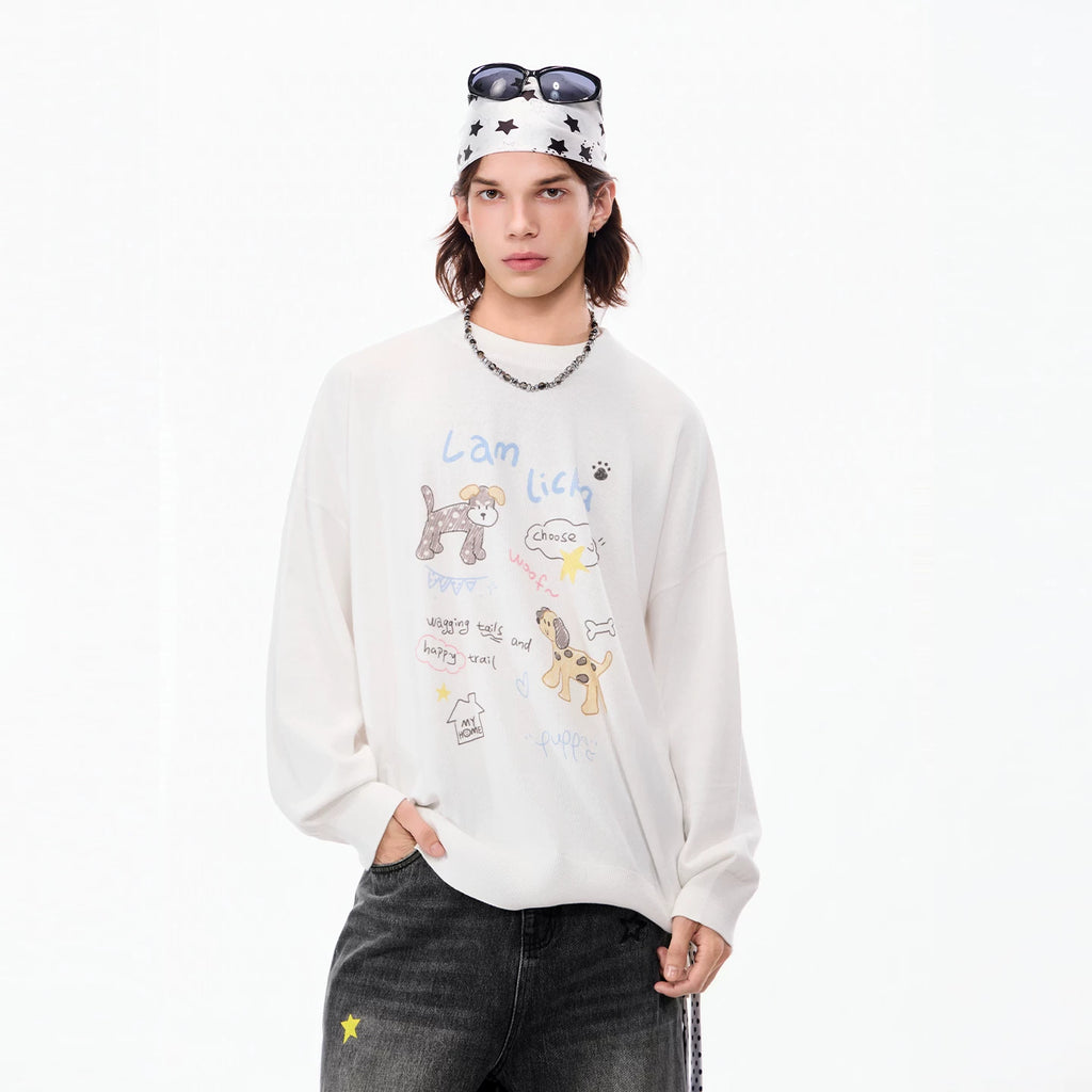 LAMLICKA white dog graphic crewneck knit sweater, product image 7