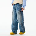 LAMLICKA Graffiti Washed Blue Straight - Leg Jeans Unisex Relaxed Fit Vintage American Style Denim Pants - LAMLICKA - 蓝色 - XL