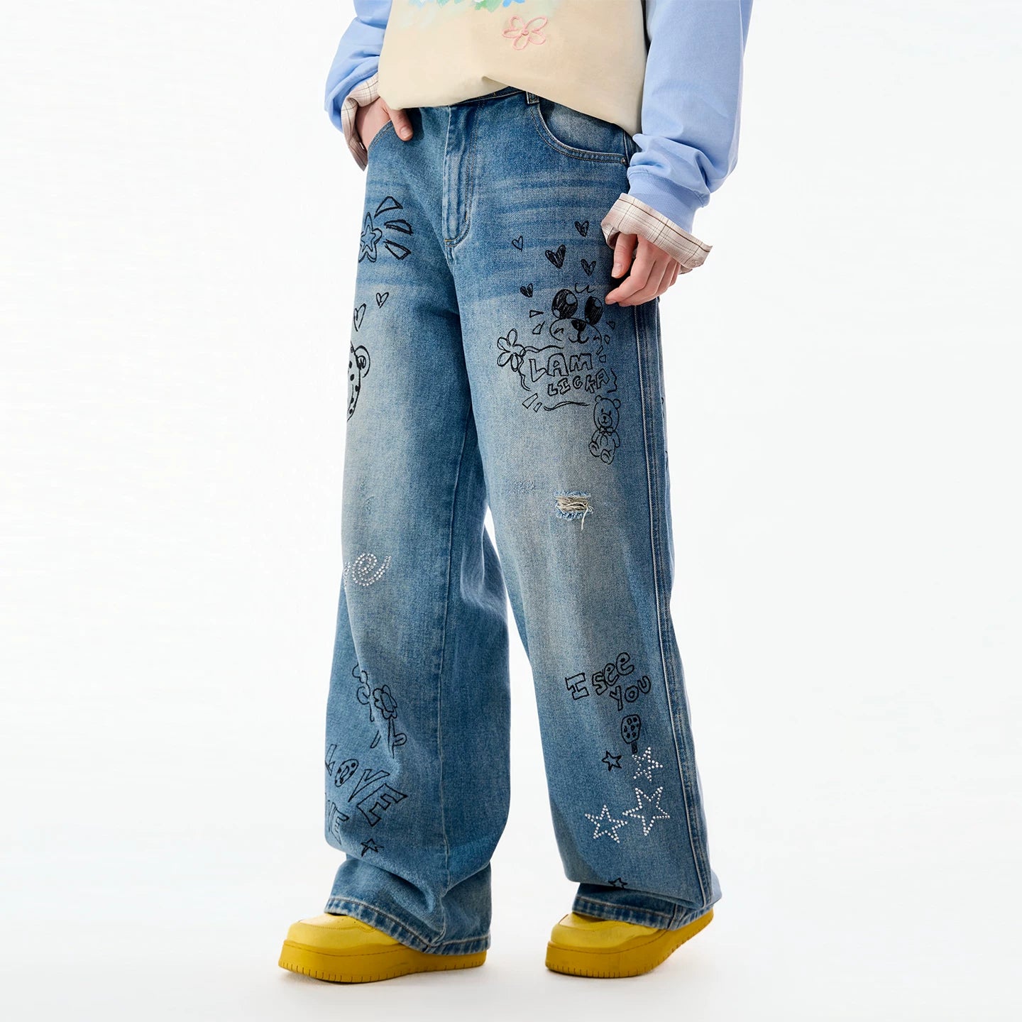 LAMLICKA Graffiti Washed Blue Straight - Leg Jeans Unisex Relaxed Fit Vintage American Style Denim Pants - LAMLICKA - 蓝色 - XL