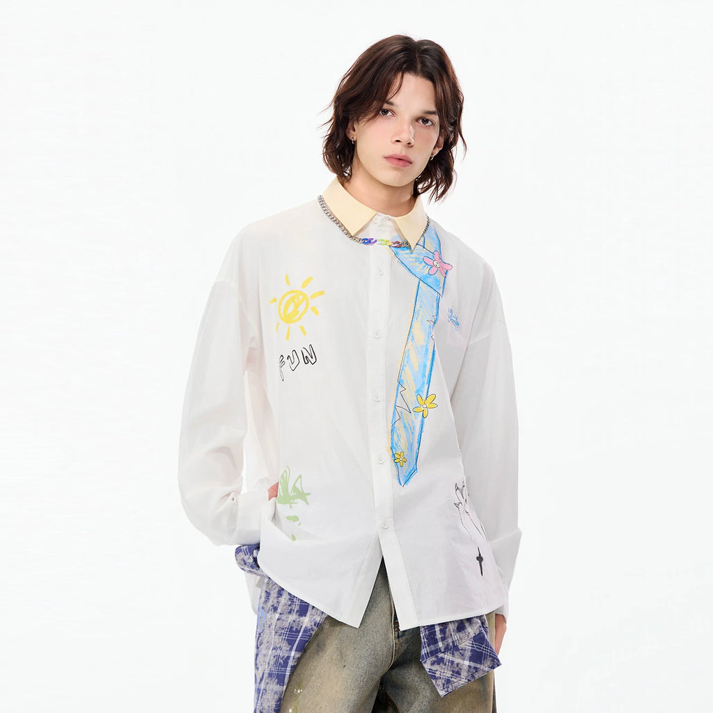 LAMLICKA Tie Print White Long Sleeve Shirt Unisex Relaxed Fit Streetwear Button - Up Overshirt - LAMLICKA - White - S - 6286369719777