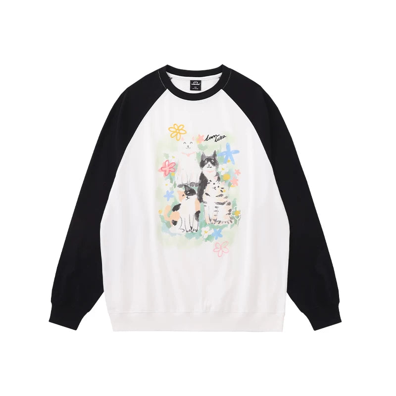 Lamlicka Cool Cat Print White Cotton Crew Neck Long Sleeve Sweatshirt for Men - Perfect for Fall Fashion - LAMLICKA - 白色 - 2XL 适合175 - 200斤 - 6118132661361