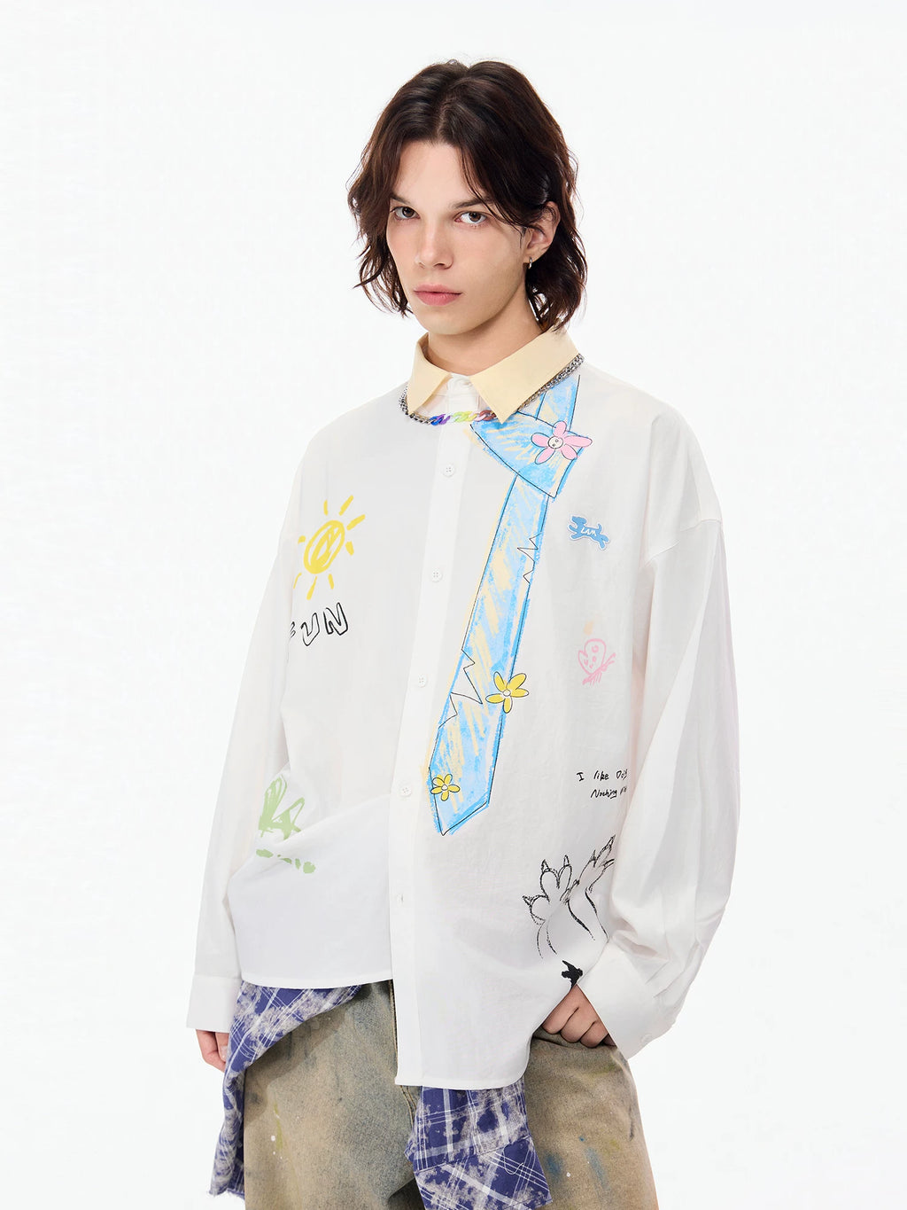 LAMLICKA Tie Print White Long Sleeve Shirt Unisex Relaxed Fit Streetwear Button - Up Overshirt - LAMLICKA
