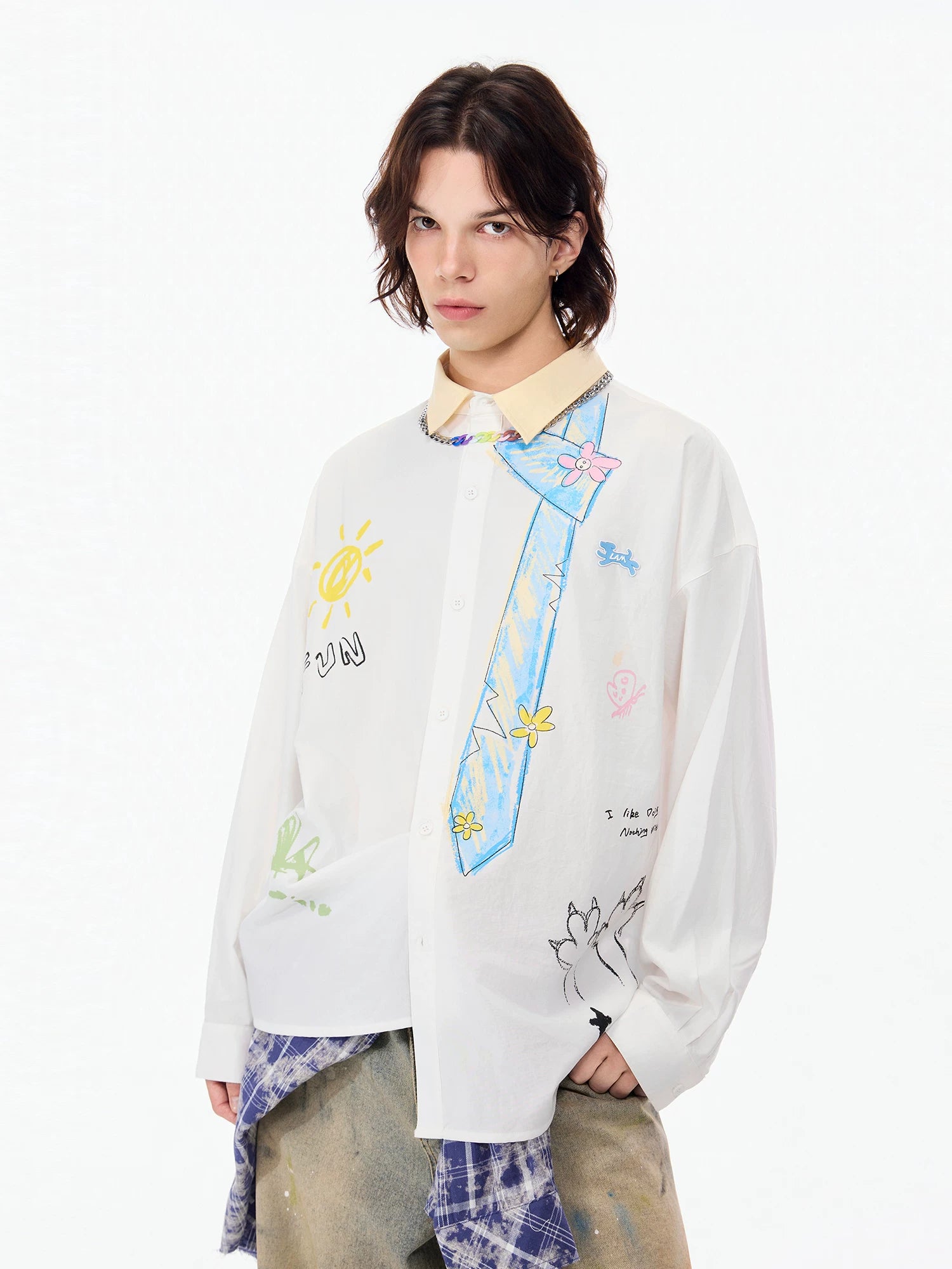 LAMLICKA Tie Print White Long Sleeve Shirt Unisex Relaxed Fit Streetwear Button - Up Overshirt - LAMLICKA
