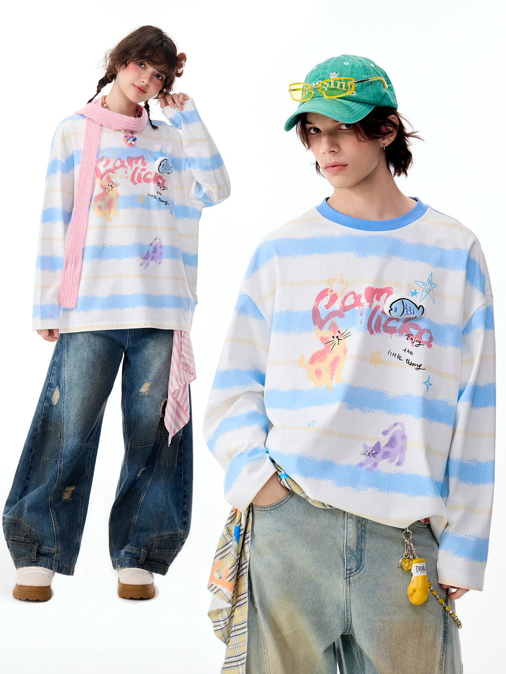 LAMLICKA Creative Cat Color Block Blue Stripe Long Sleeve T - Shirt Unisex Relaxed Fit Cotton Crew Neck Tee - LAMLICKA