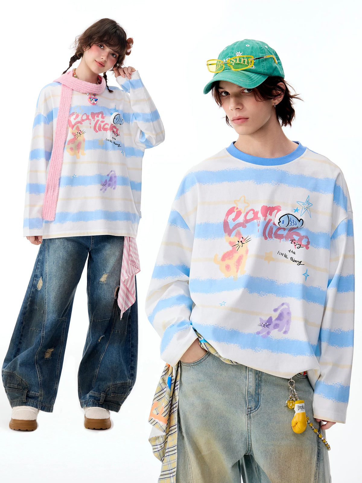 LAMLICKA Creative Cat Color Block Blue Stripe Long Sleeve T - Shirt Unisex Relaxed Fit Cotton Crew Neck Tee - LAMLICKA