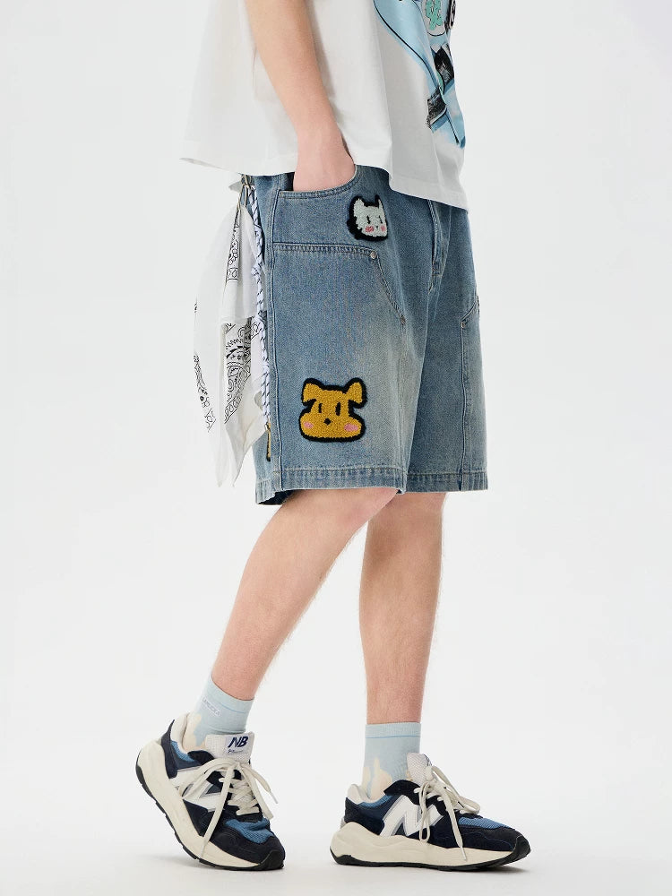 LAMLICKA sticker embroidered lumberjack denim shorts - LAMLICKA