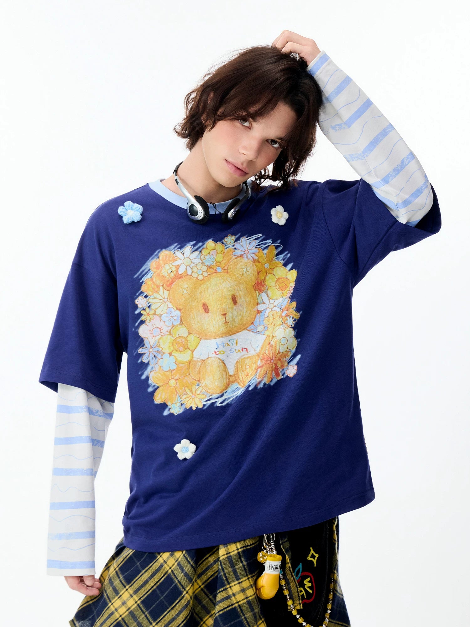 Lamlicka Bear Color Block Faux Two - Piece Cotton Long Sleeve Tee - LAMLICKA