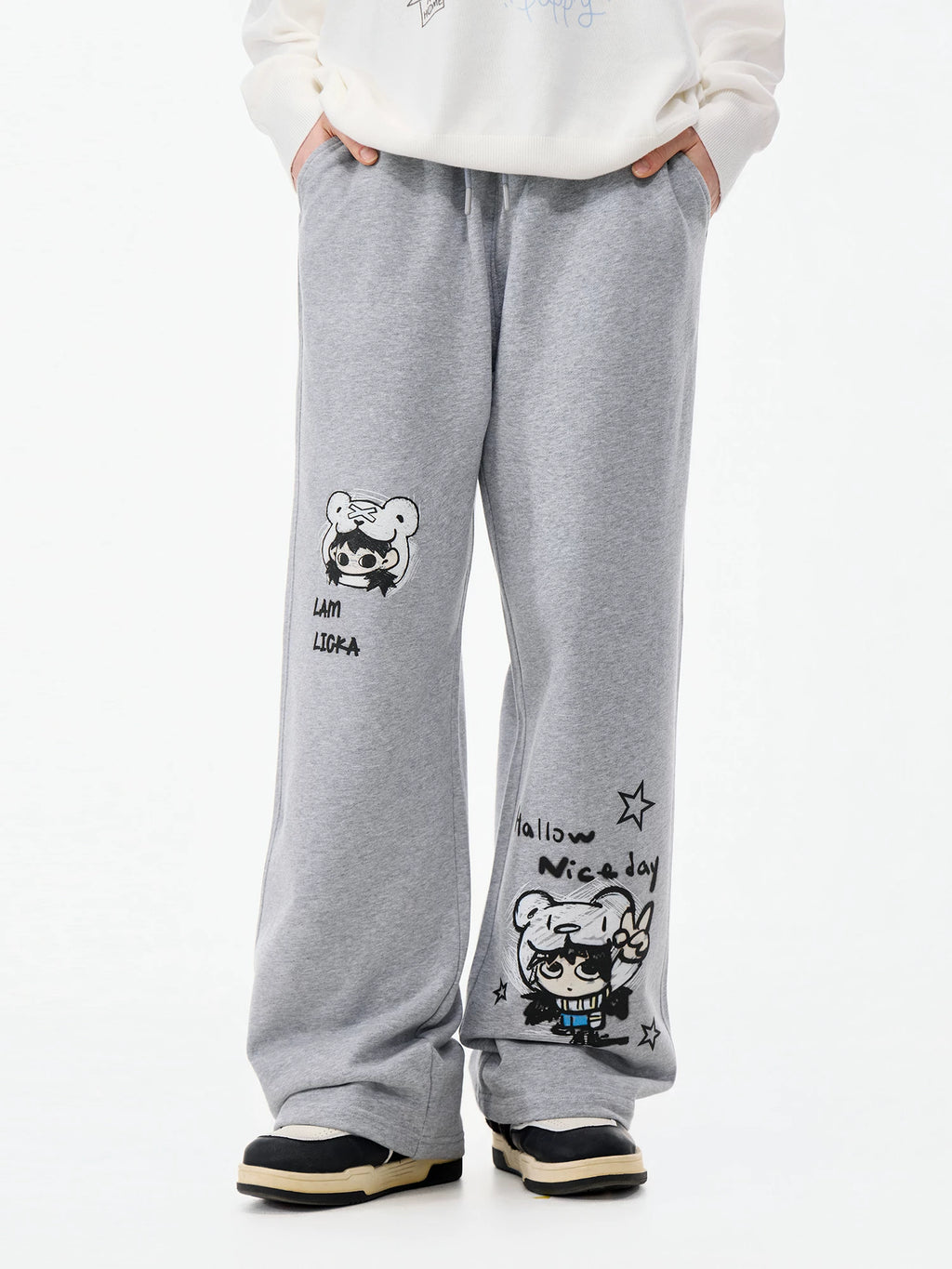 LAMLICKA gray cartoon print wide-leg pants, product image 2