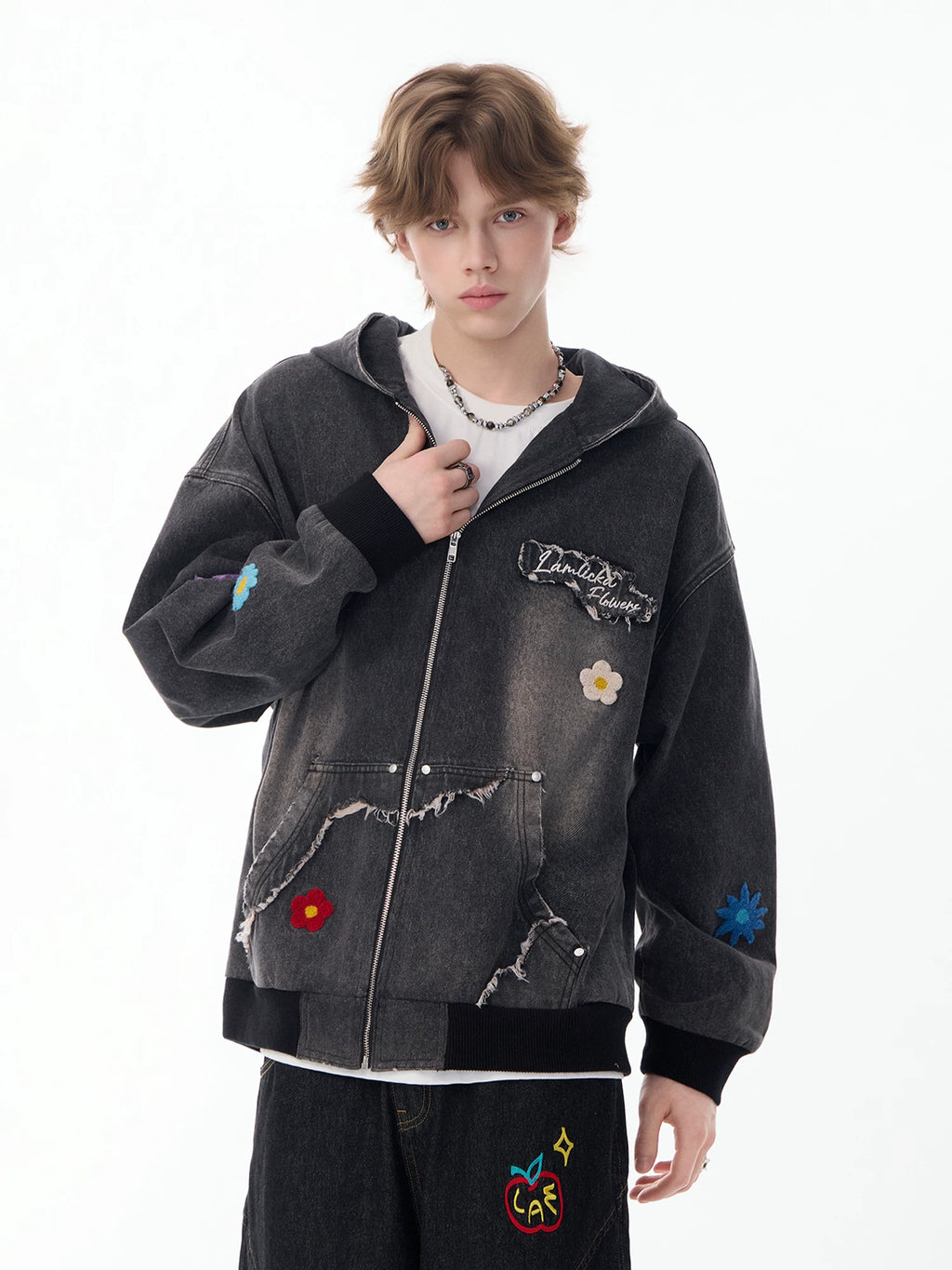 Lamlicka Colorful Flower Embroidery Washed Denim Hooded Jacket Oversized - Jackets & Coats - LAMLICKA