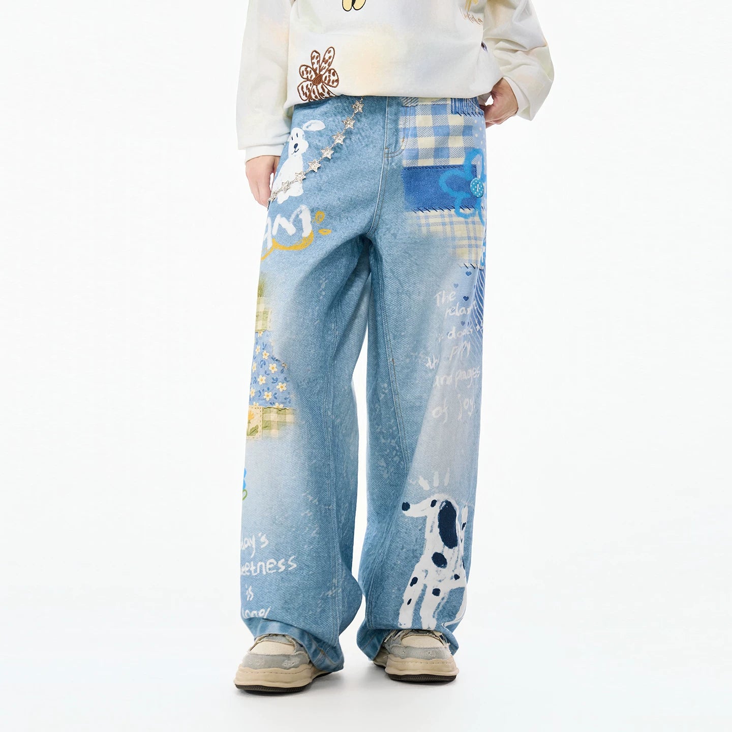 LAMLICKA vintage blue faux-denim wide-leg pants, product image 7
