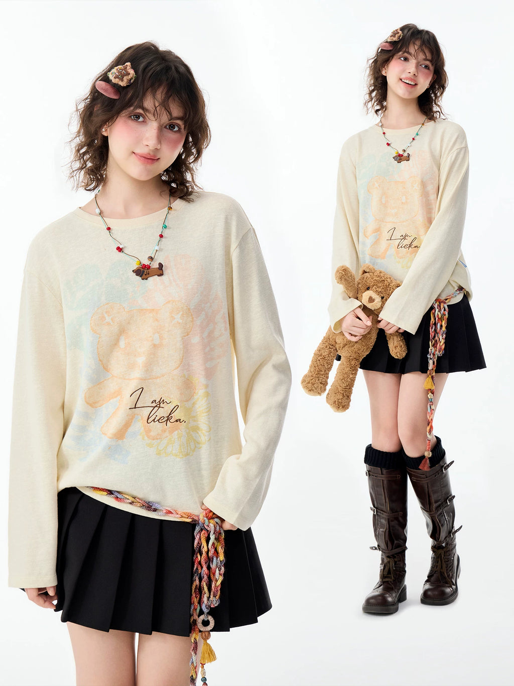 Lamlicka Bear Print Cotton Linen Sheer Overlay Long Sleeve Top - Tops - LAMLICKA