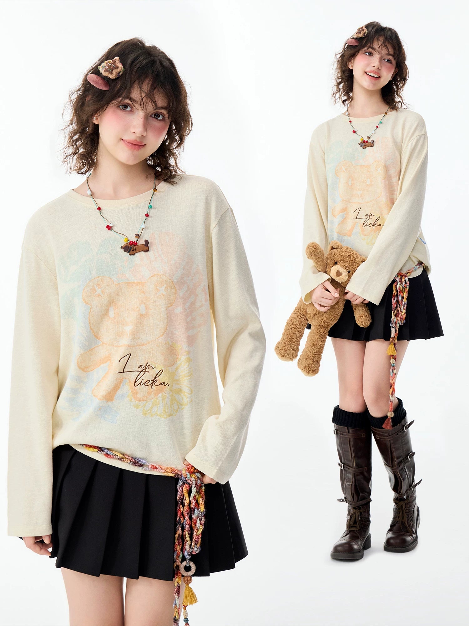 Lamlicka Bear Print Cotton Linen Sheer Overlay Long Sleeve Top - Tops - LAMLICKA
