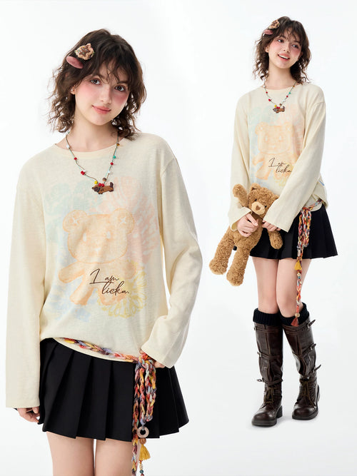 Lamlicka Bear Print Cotton Linen Sheer Overlay Long Sleeve Top - Tops - LAMLICKA