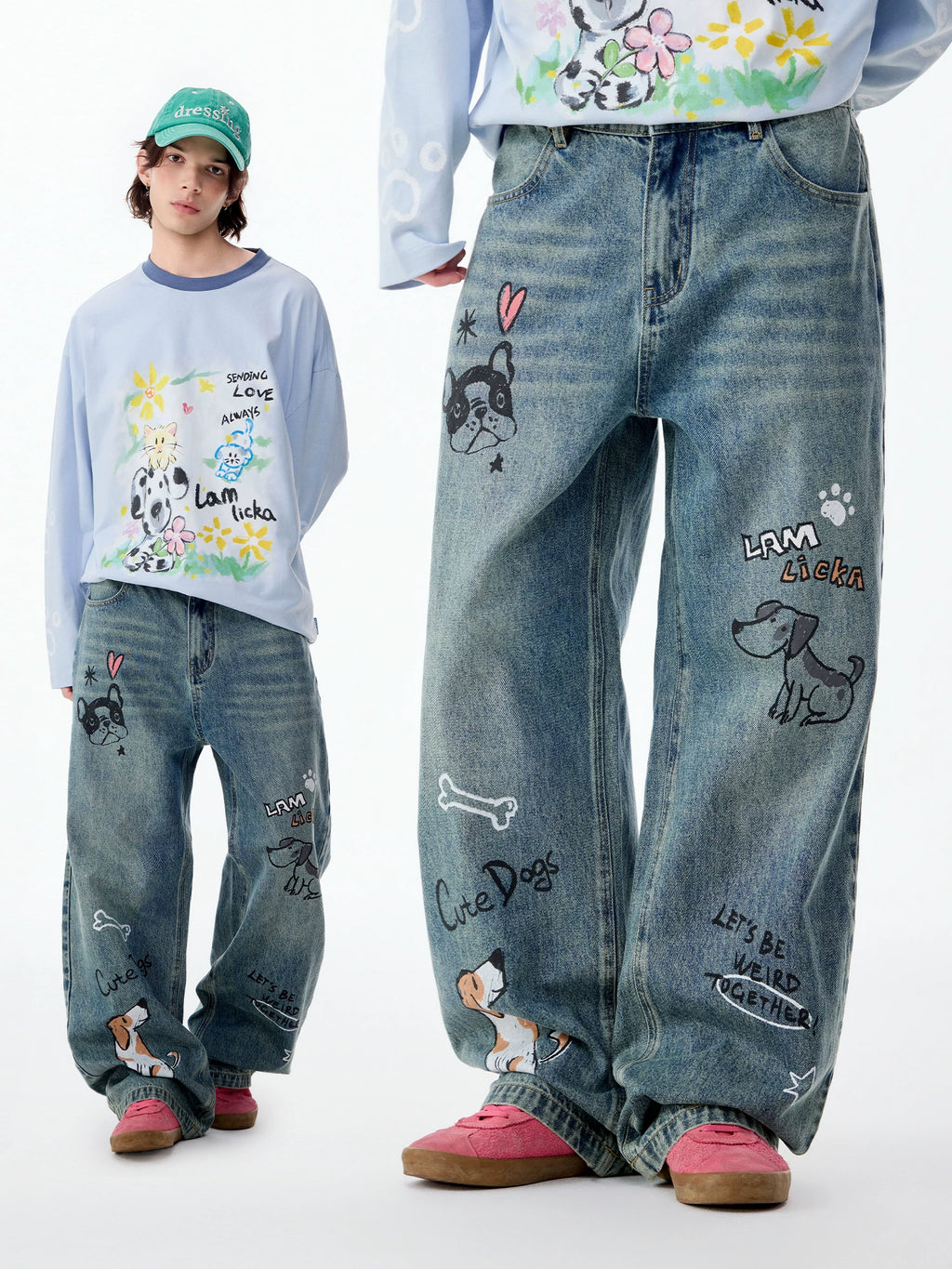 Lamlicka Hand - Drawn Dog Star Blue Straight - Leg Jeans, Relaxed Fit - Denim Pants - LAMLICKA