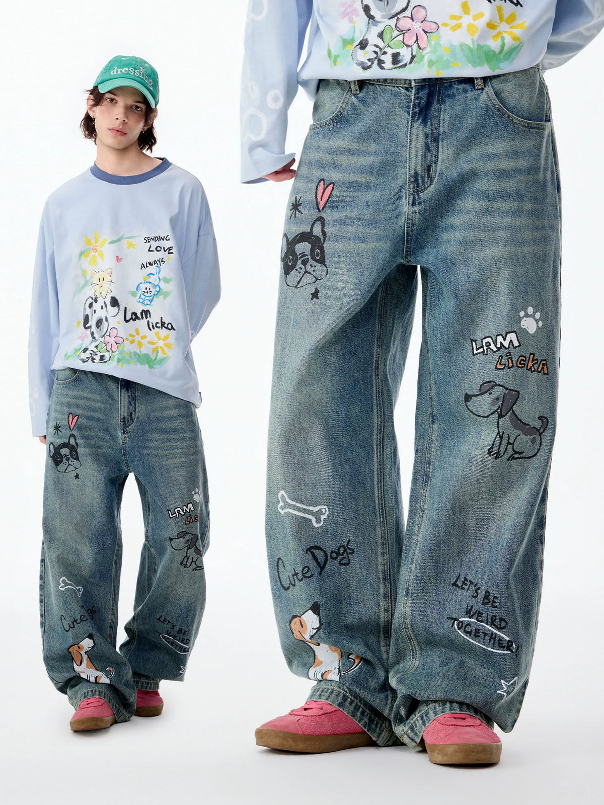 Lamlicka Hand - Drawn Dog Star Blue Straight - Leg Jeans, Relaxed Fit - Denim Pants - LAMLICKA