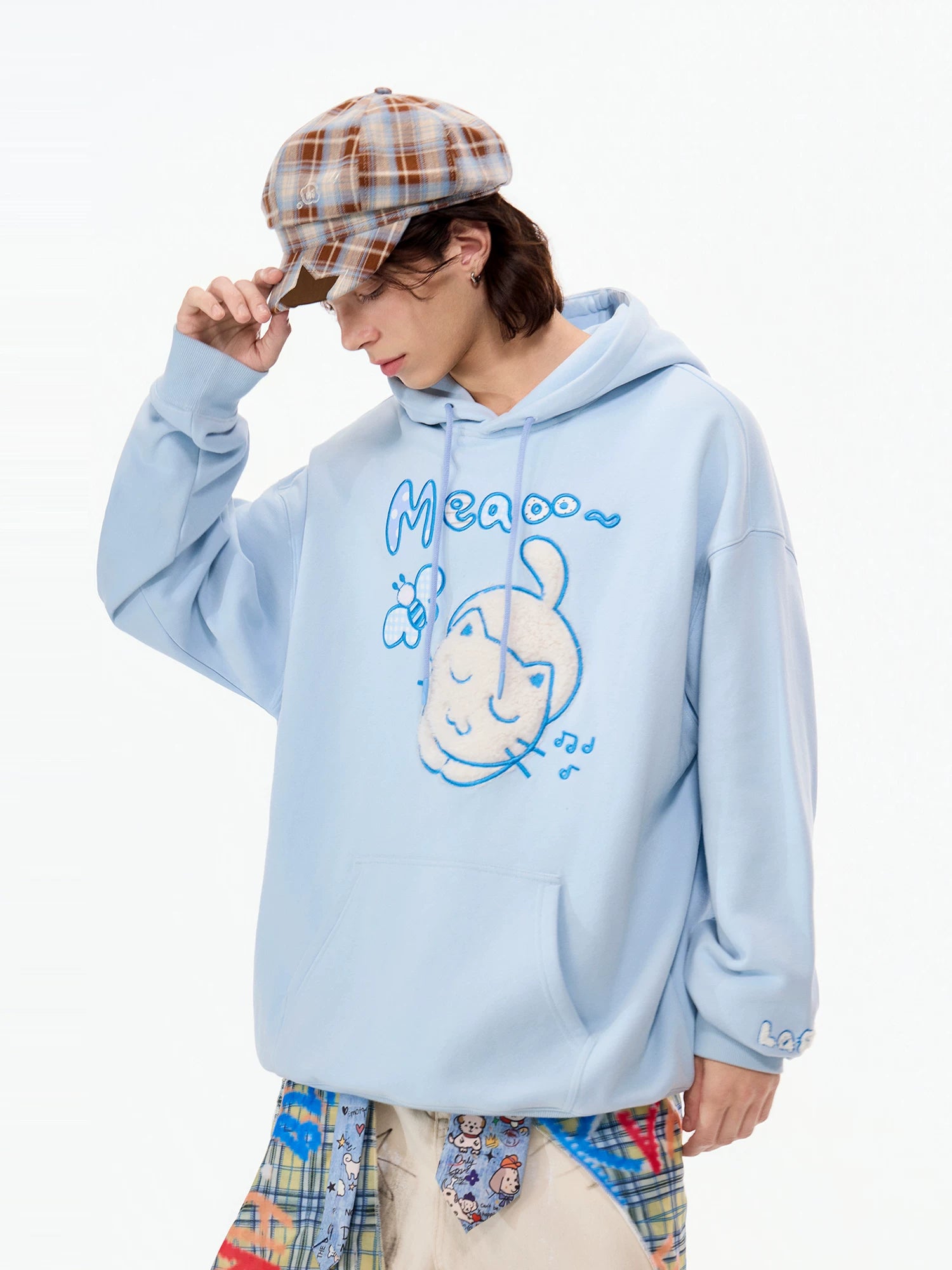 LAMLICKA Embroidered Cat Heavyweight Hoodie Unisex Oversized Pullover Streetwear Sweatshirt - LAMLICKA