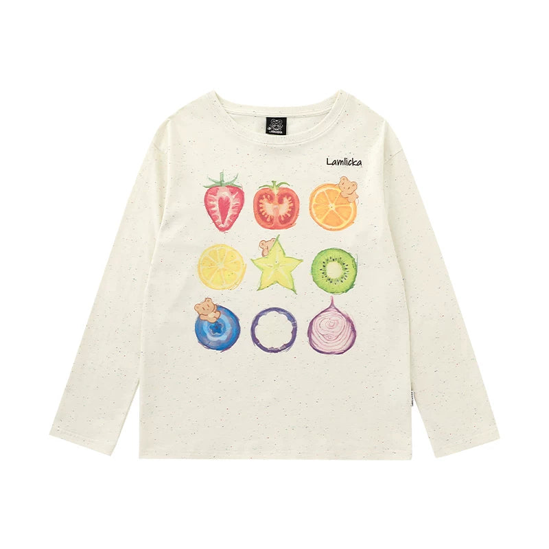Lamlicka Dopamine Fruit Print Long Sleeve Cotton Tee - Tops - LAMLICKA - Beige - L