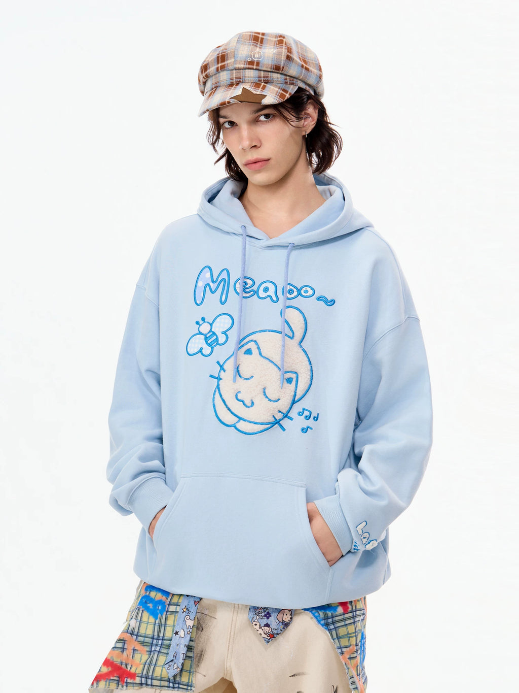 LAMLICKA Embroidered Cat Heavyweight Hoodie Unisex Oversized Pullover Streetwear Sweatshirt - LAMLICKA - Blue - 2XL