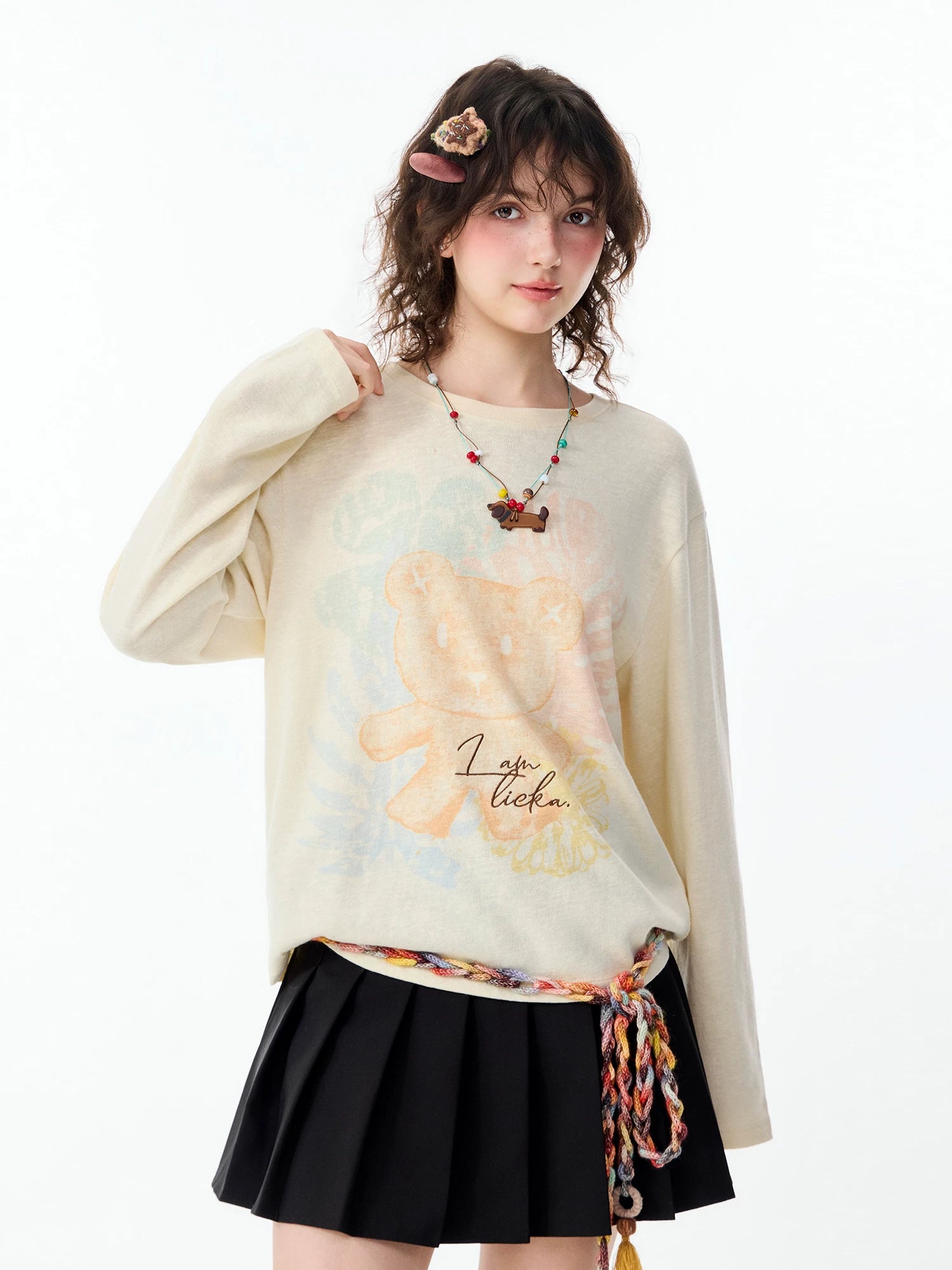 Lamlicka Bear Print Cotton Linen Sheer Overlay Long Sleeve Top - Tops - LAMLICKA