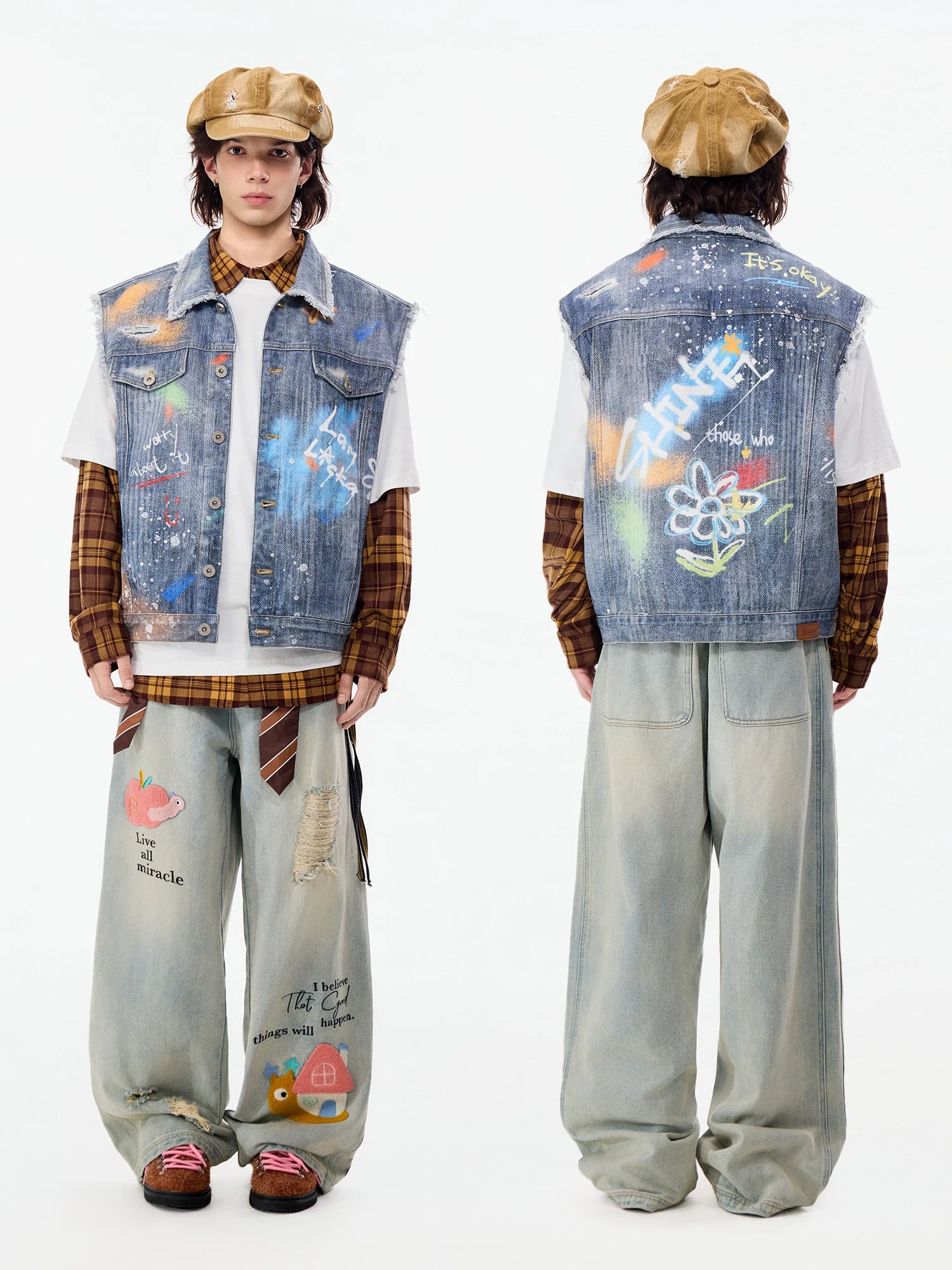 LAMLICKA Blue Embroidered Distressed Straight - Leg Jeans Unisex Relaxed Fit American Style Denim Pants - LAMLICKA