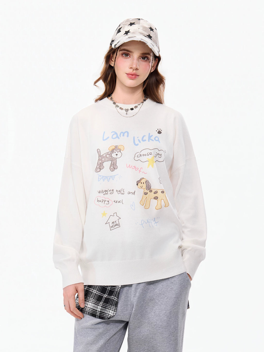 LAMLICKA white dog graphic crewneck knit sweater, product image 3