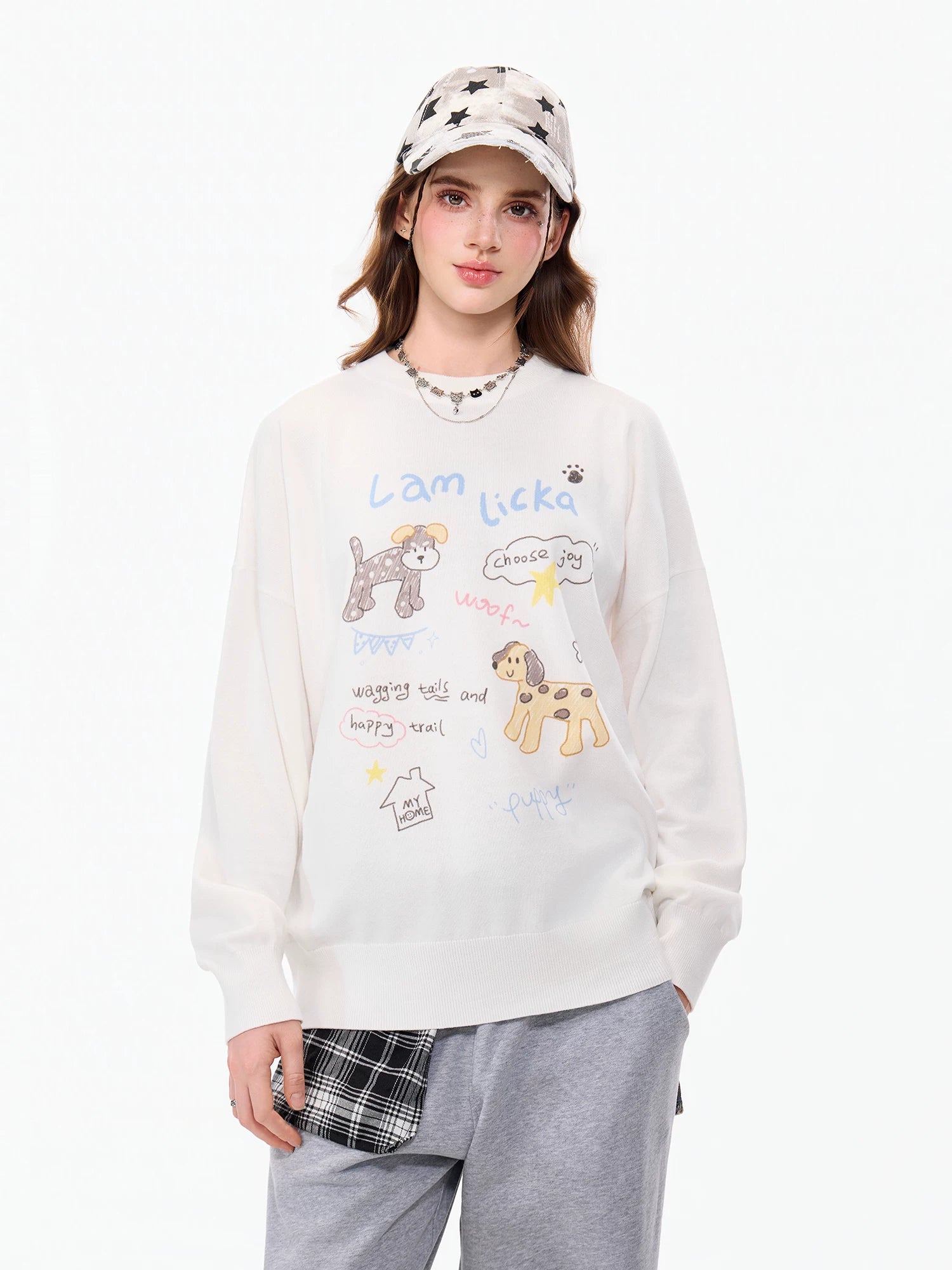 LAMLICKA white dog graphic crewneck knit sweater, product image 3