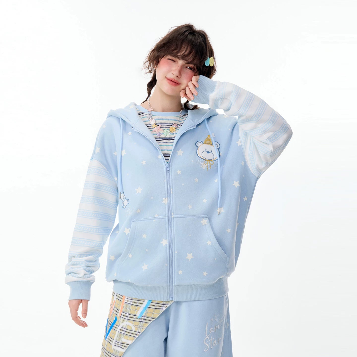 Lamlicka All - Over Star Print Bear Zip - Up Hoodie Unisex Oversized - Hoodies & Sweatshirts - LAMLICKA - Blue - XL
