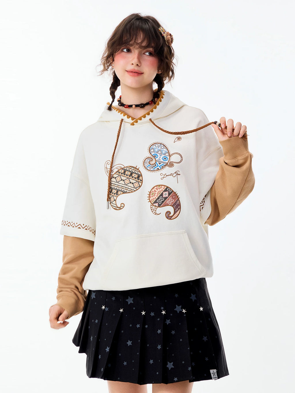 Lamlicka Vintage Ethnic Totem Faux Two - Piece Pullover Hoodie Oversized - Hoodies & Sweatshirts - LAMLICKA