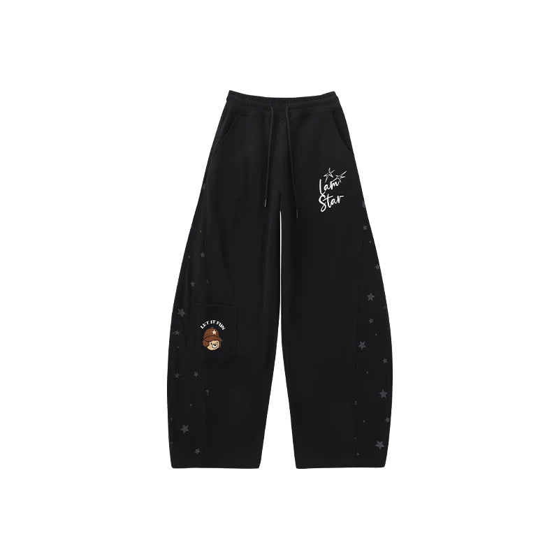 Lamlicka Star Print Wide - Leg Curved Sweatpants Unisex Relaxed Fit - Pants - LAMLICKA - Black - 2XL